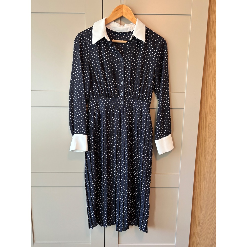 Navy Polka Dot Pleated Midi Shirt Dress Twee Academia Retro Small